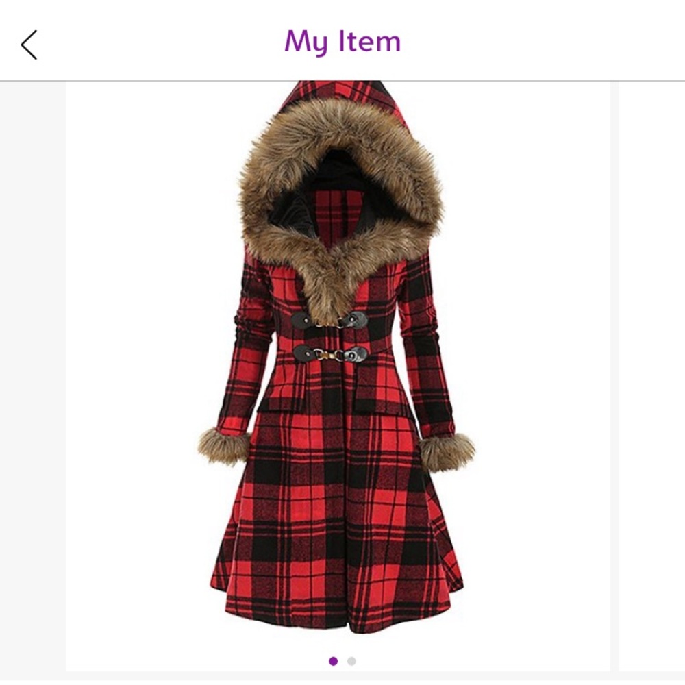 Red plaid faux-fur lined wool blend coat